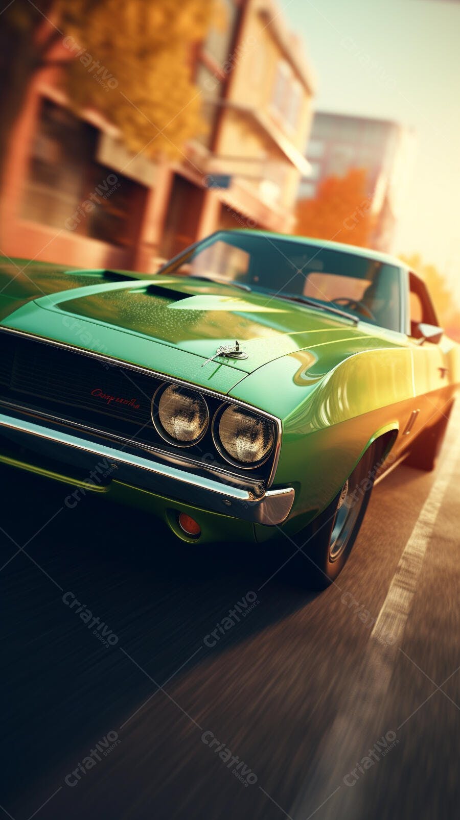 Muscle Car Verde em Movimento na Cidade