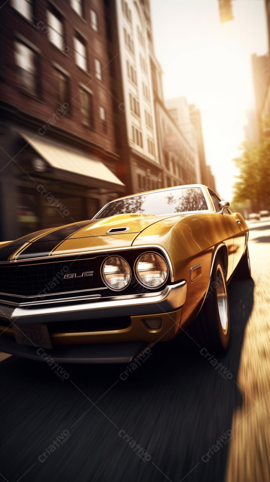 Muscle Car Dourado em Cidade Ensolarada