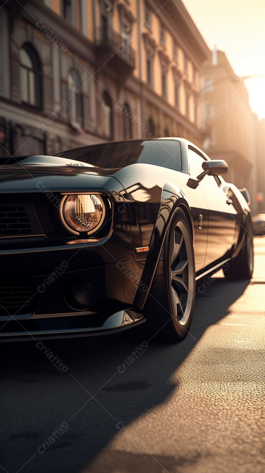 Muscle Car Preto em Rua de Cidade ao Entardecer