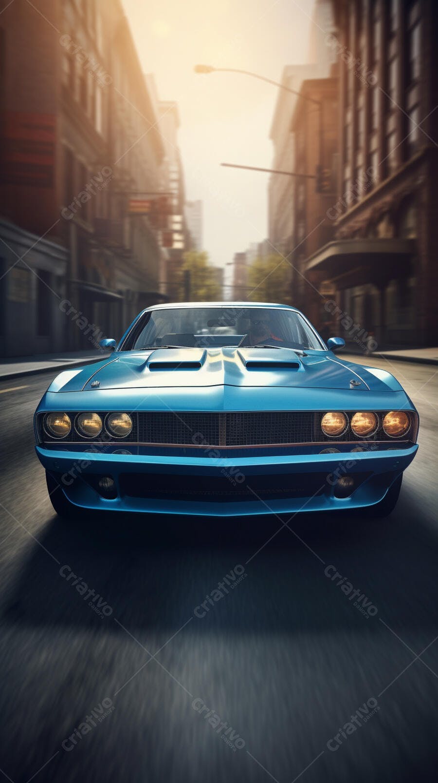Muscle Car Azul na Cidade ao Entardecer