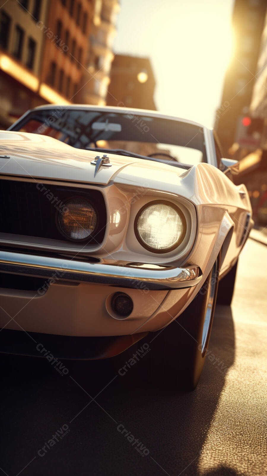 Ford Mustang Clássico Bege em Rua Ensolarada