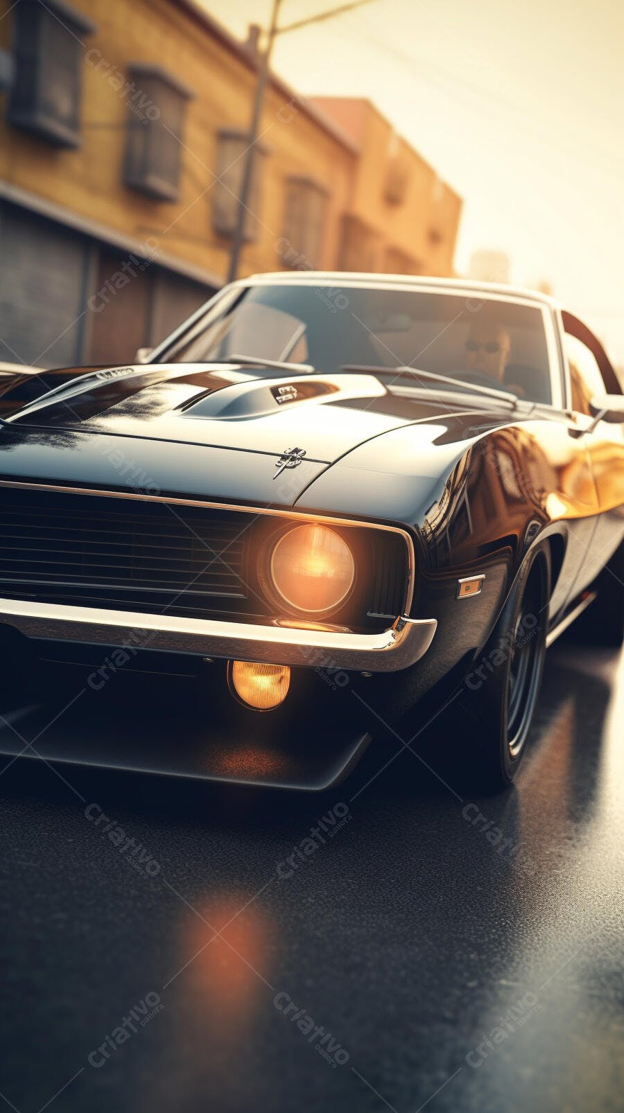 Muscle Car Preto em Rua Urbana ao Pôr do Sol