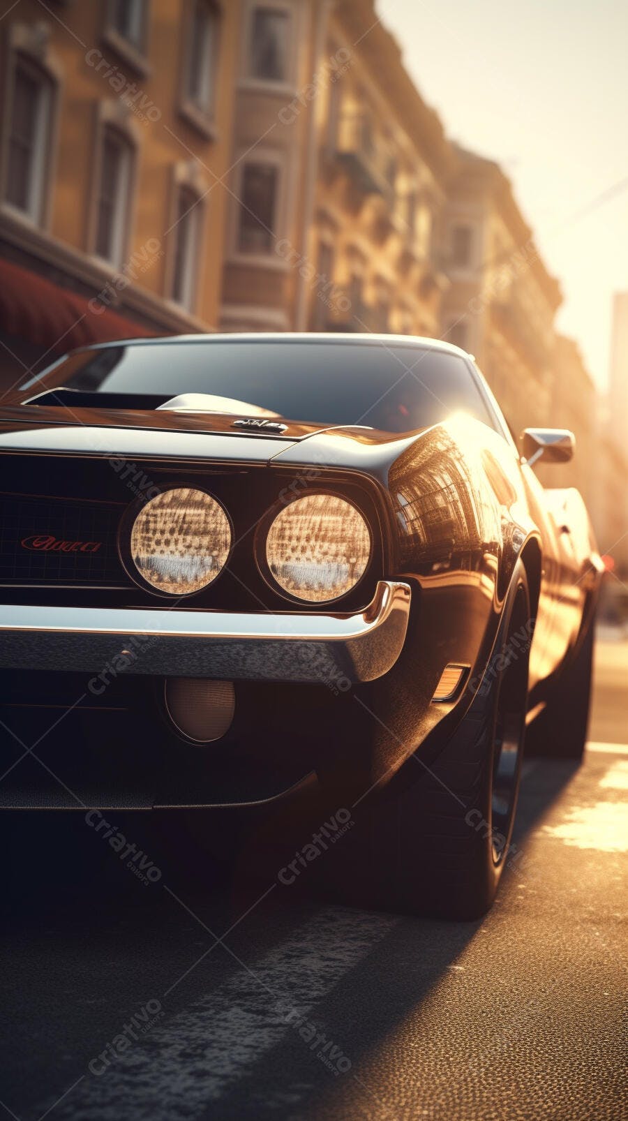 Muscle Car Preto na Cidade ao Pôr do Sol