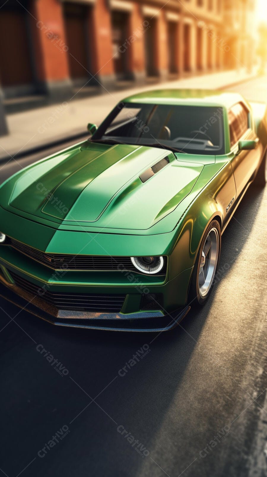 Muscle Car Verde Escuro em Rua Urbana