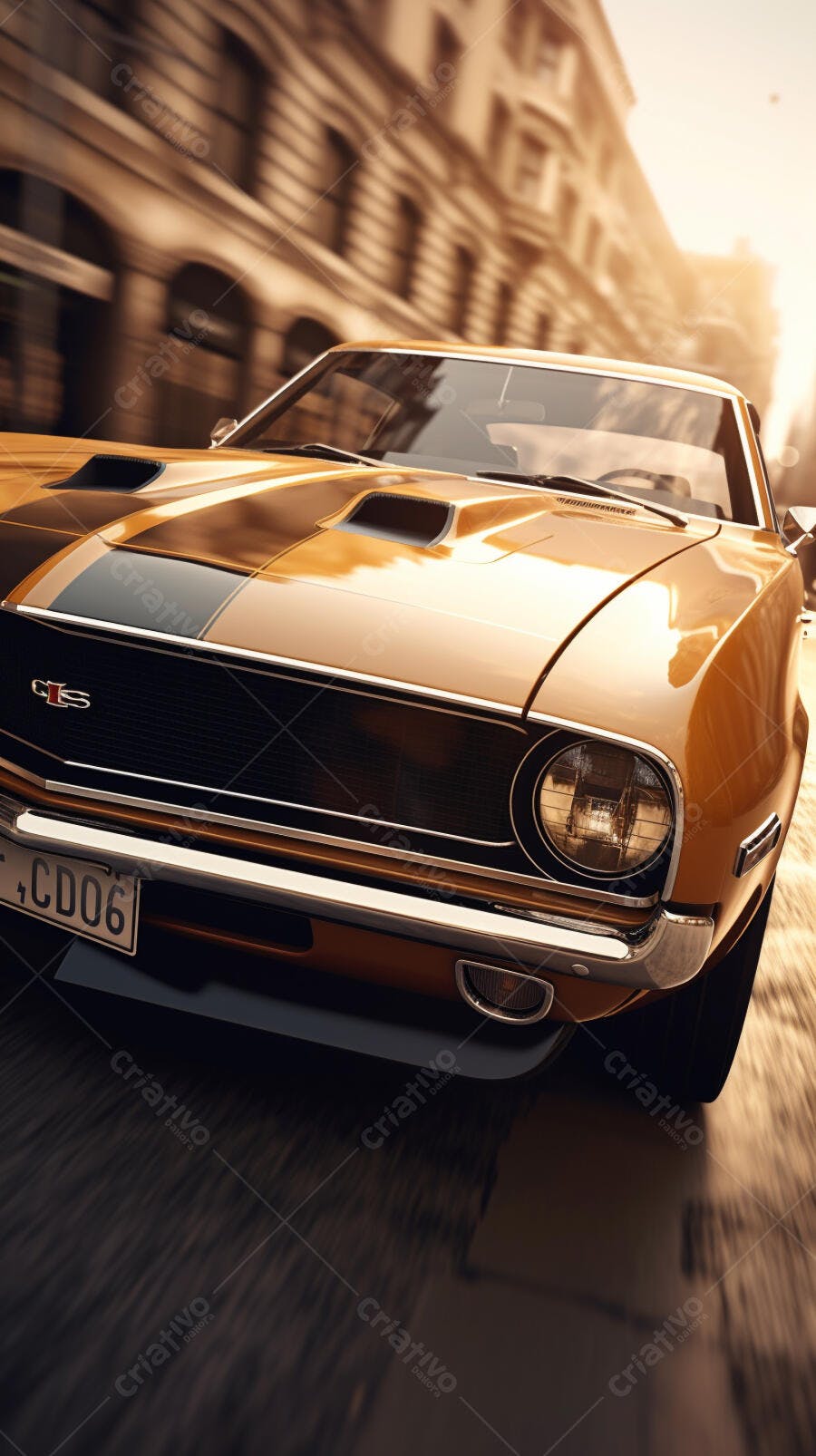 Muscle Car Dourado em Movimento na Cidade