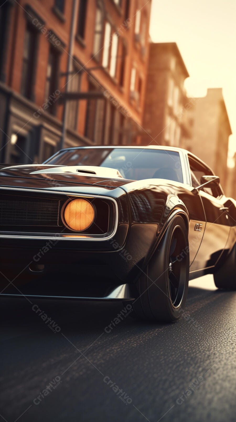 Muscle Car Preto em Rua de Cidade