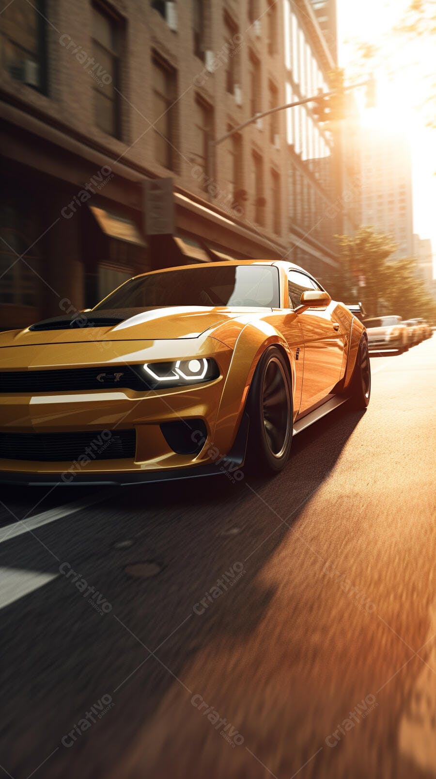 Muscle Car Dourado em Rua Urbana