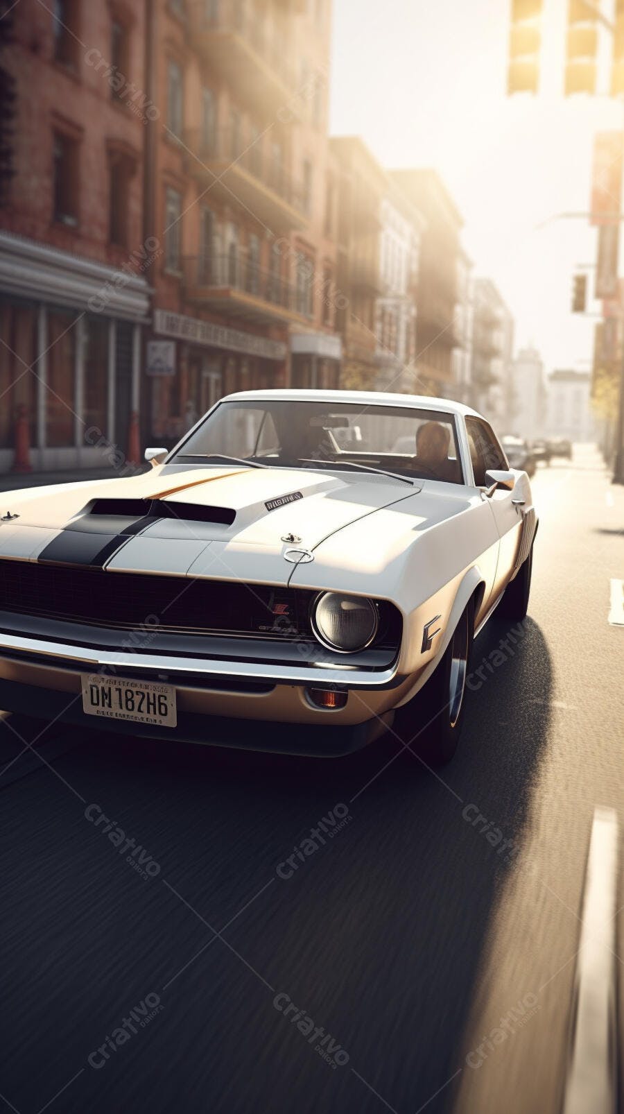 Muscle Car Clássico Branco em Rua Ensolarada
