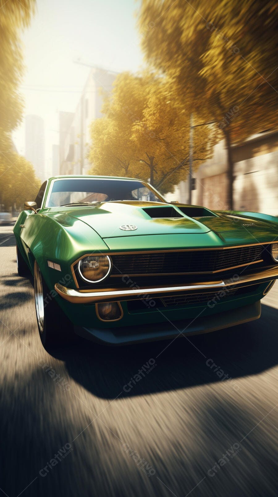 Muscle Car Verde em Movimento Outono