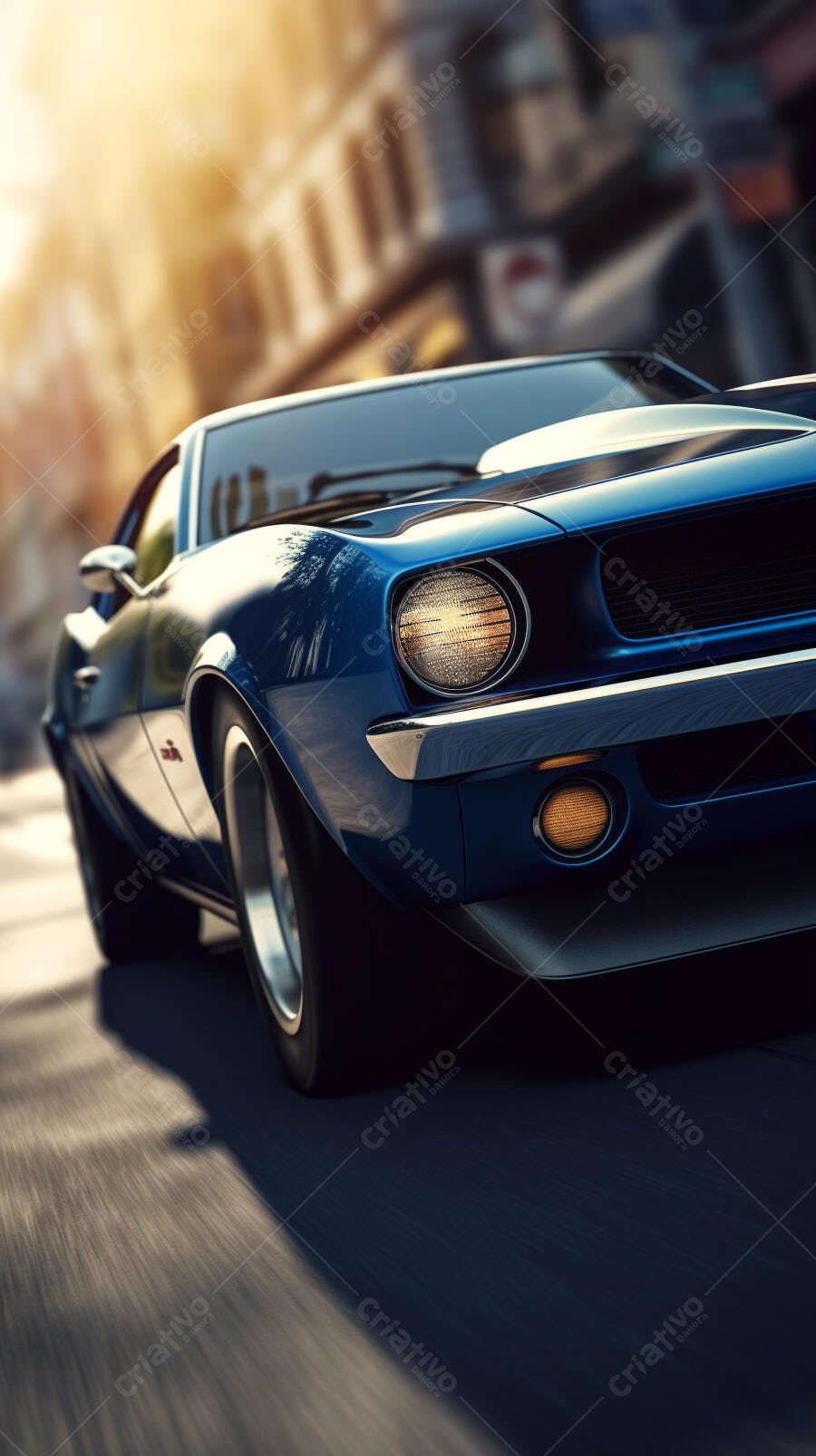 Muscle Car Azul em Movimento na Cidade