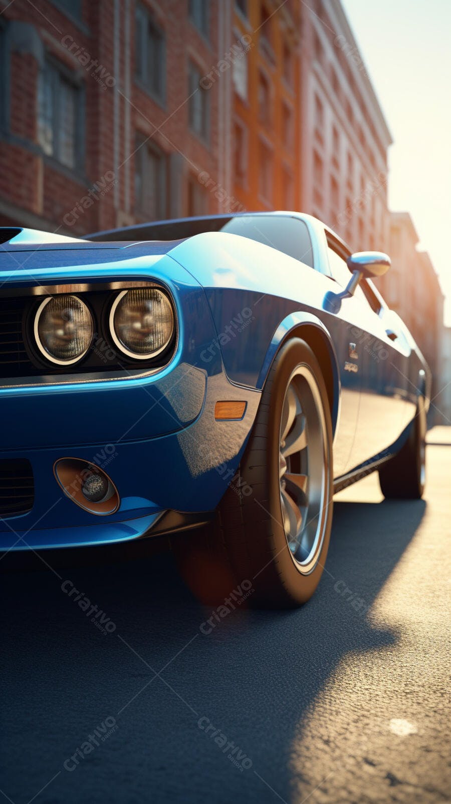 Muscle Car Azul na Cidade ao Entardecer