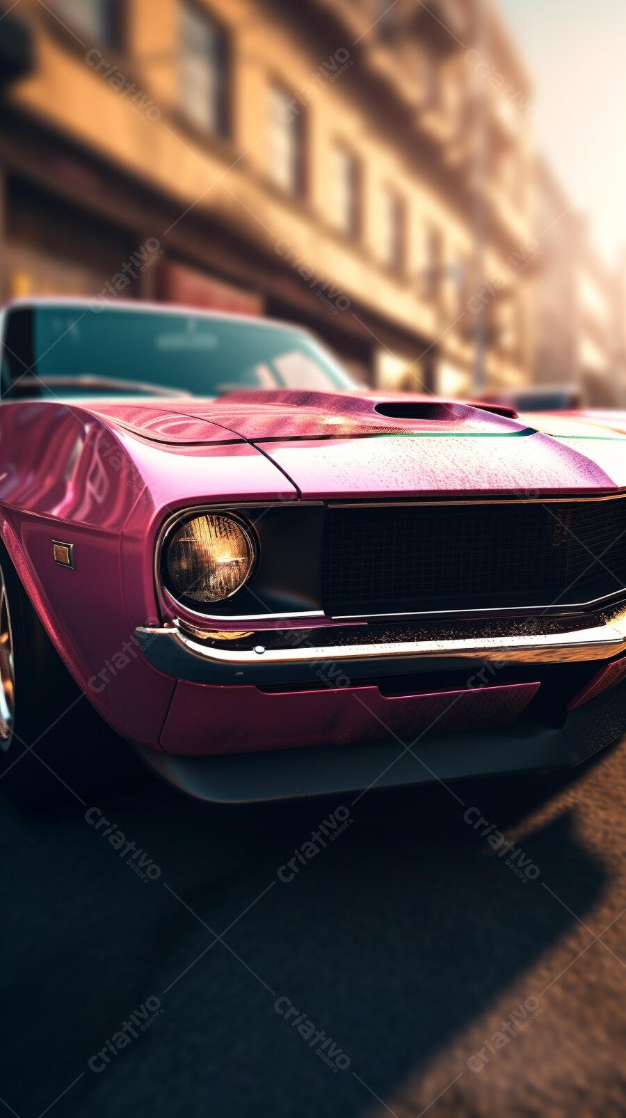 Muscle Car Rosa em Rua Urbana