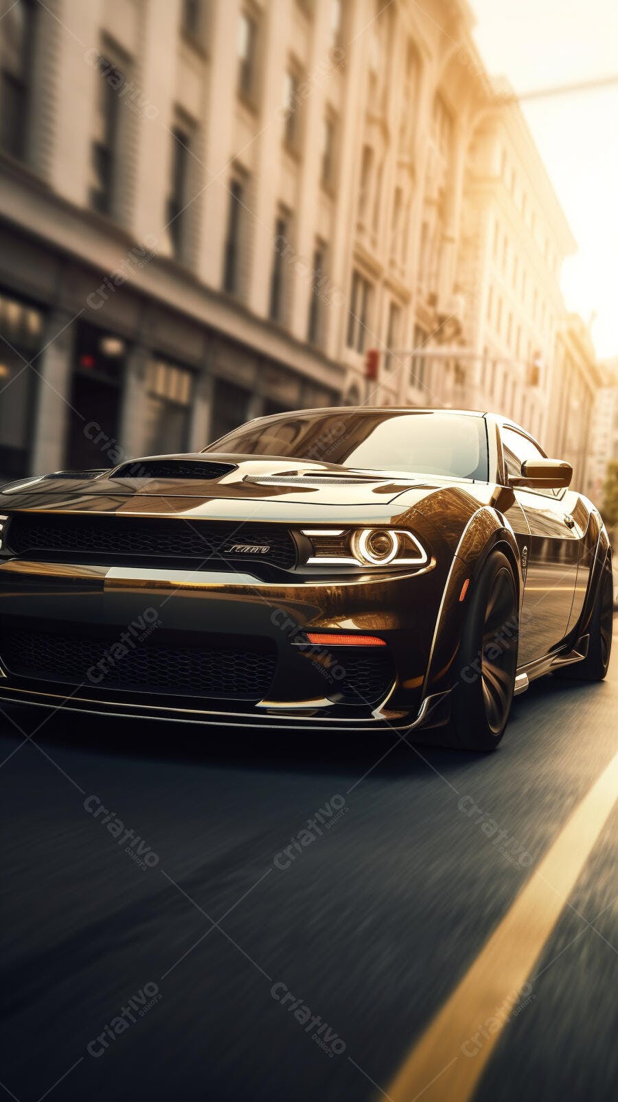Muscle Car Preto em Rua Urbana ao Entardecer