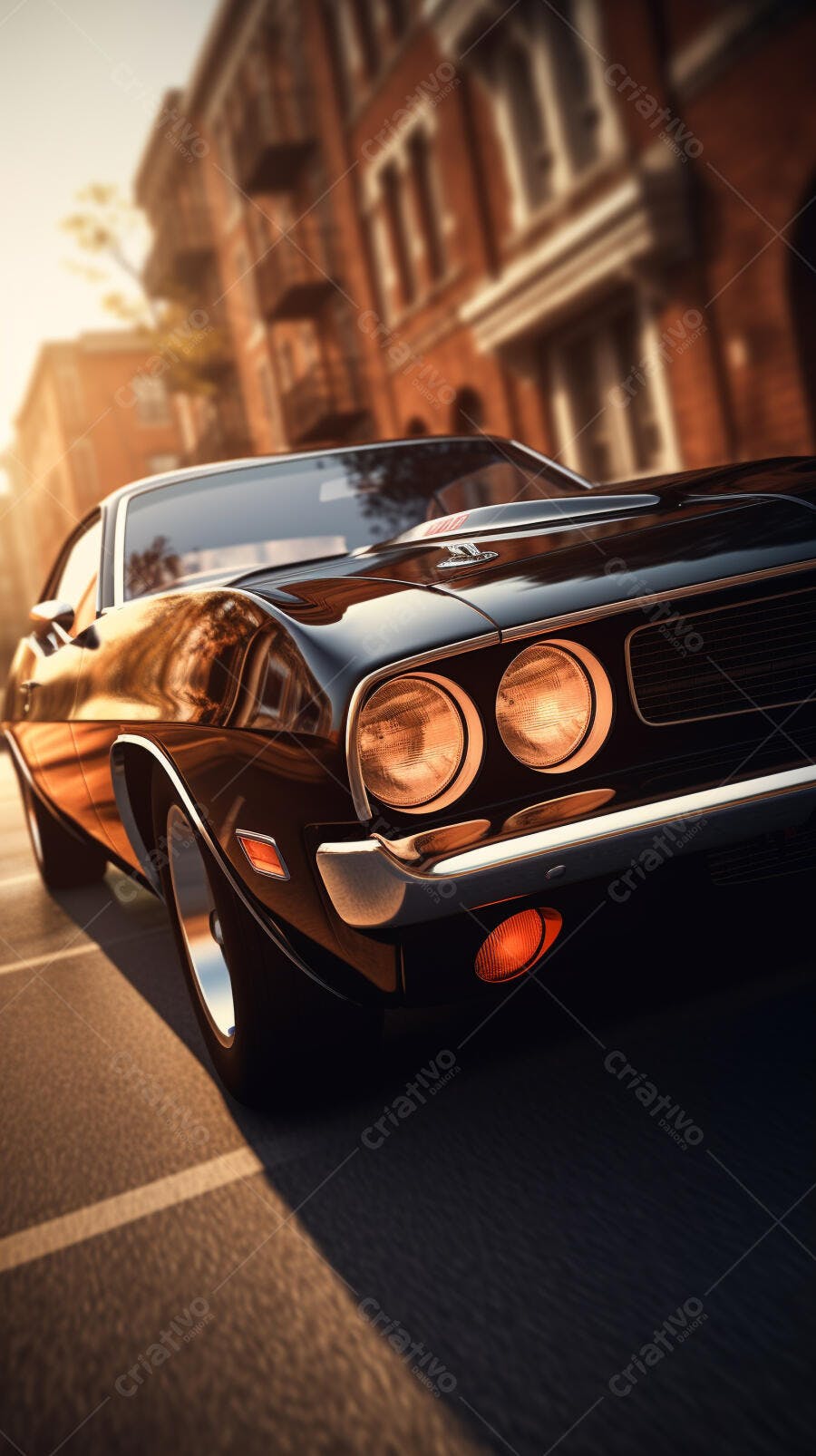 Muscle Car Preto em Rua de Tijolo