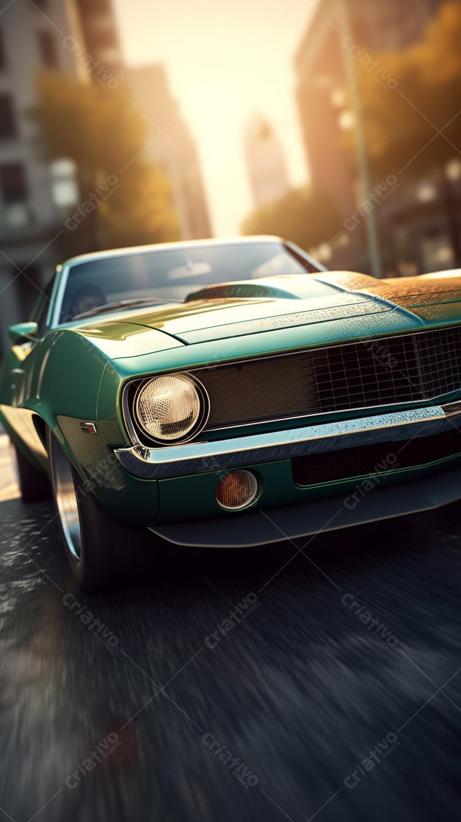 Muscle Car Verde em Movimento na Cidade