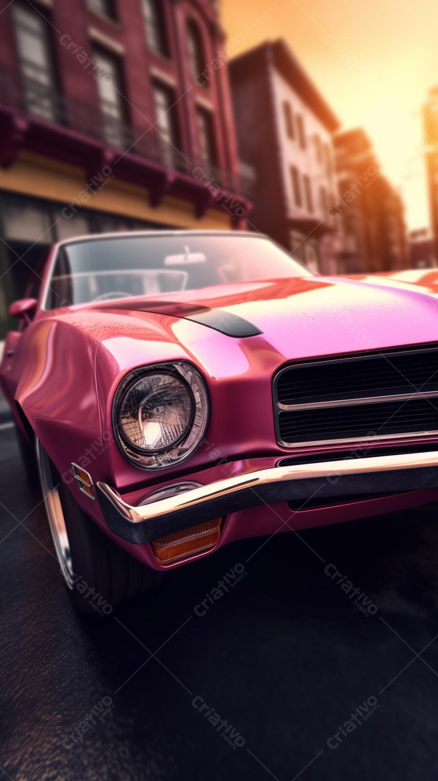 Muscle Car Rosa em Rua Urbana ao Entardecer
