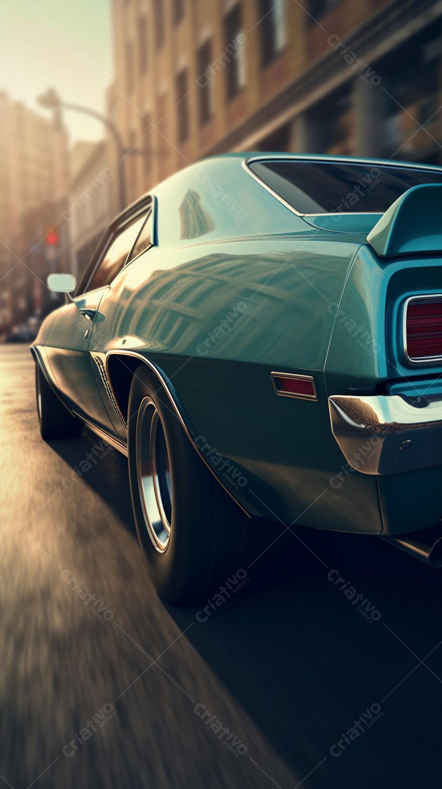 Muscle Car Azul em Movimento na Cidade