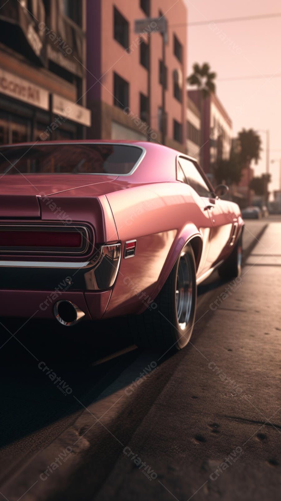 Muscle Car Rosa em Rua Urbana ao Pôr do Sol