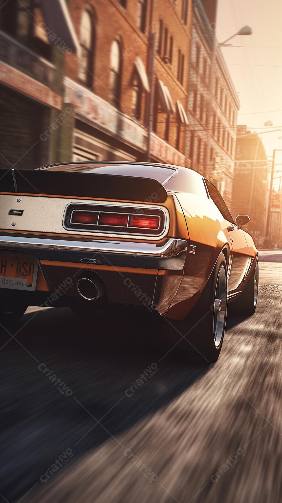 Muscle Car Laranja em Rua Urbana ao Entardecer