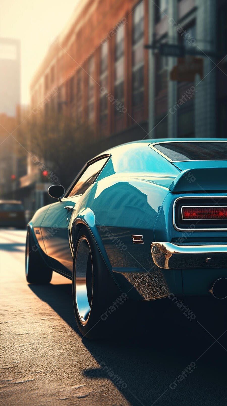Muscle Car Azul na Cidade ao Entardecer