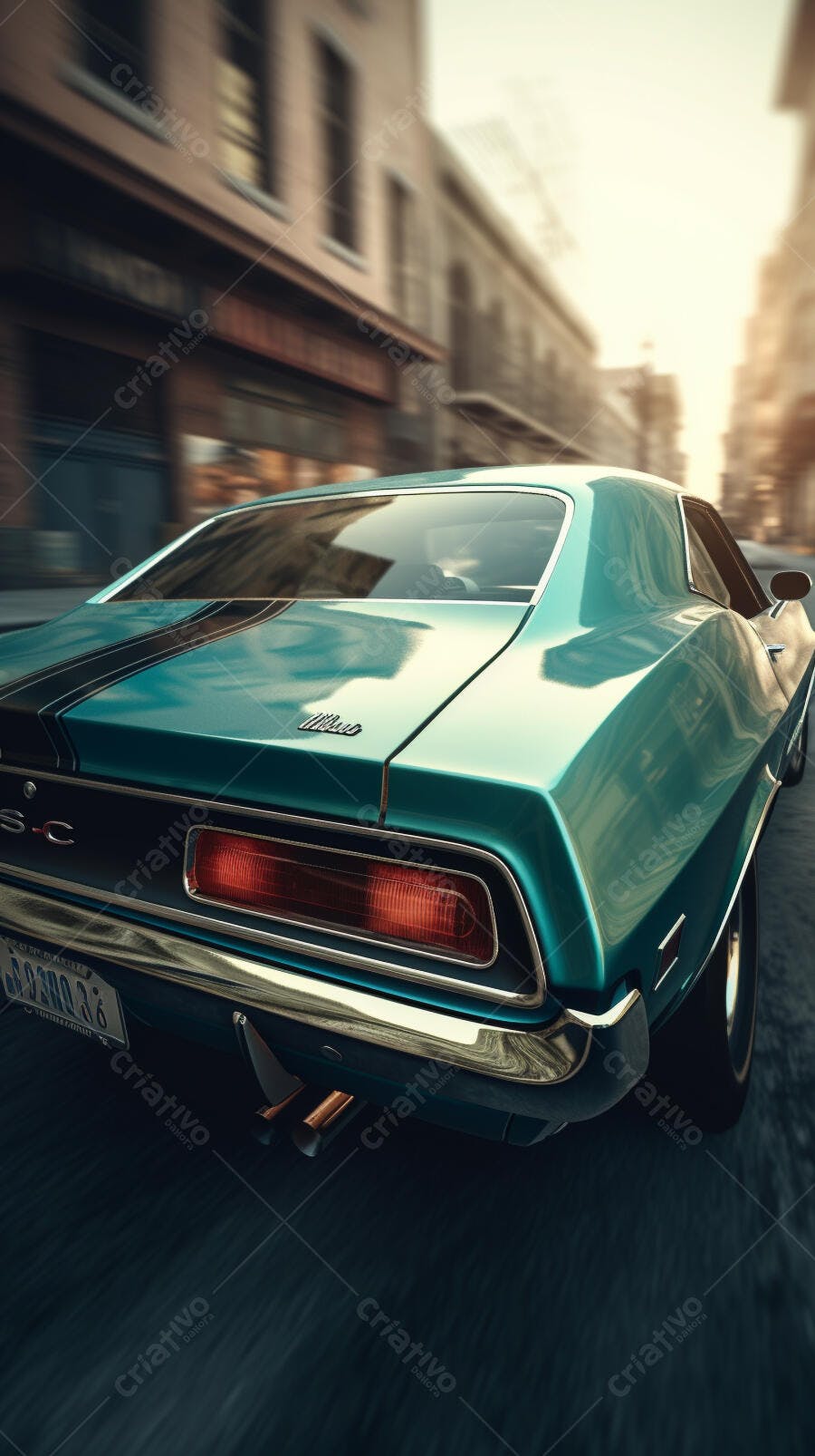 Muscle Car Azul-Verde em Movimento na Cidade