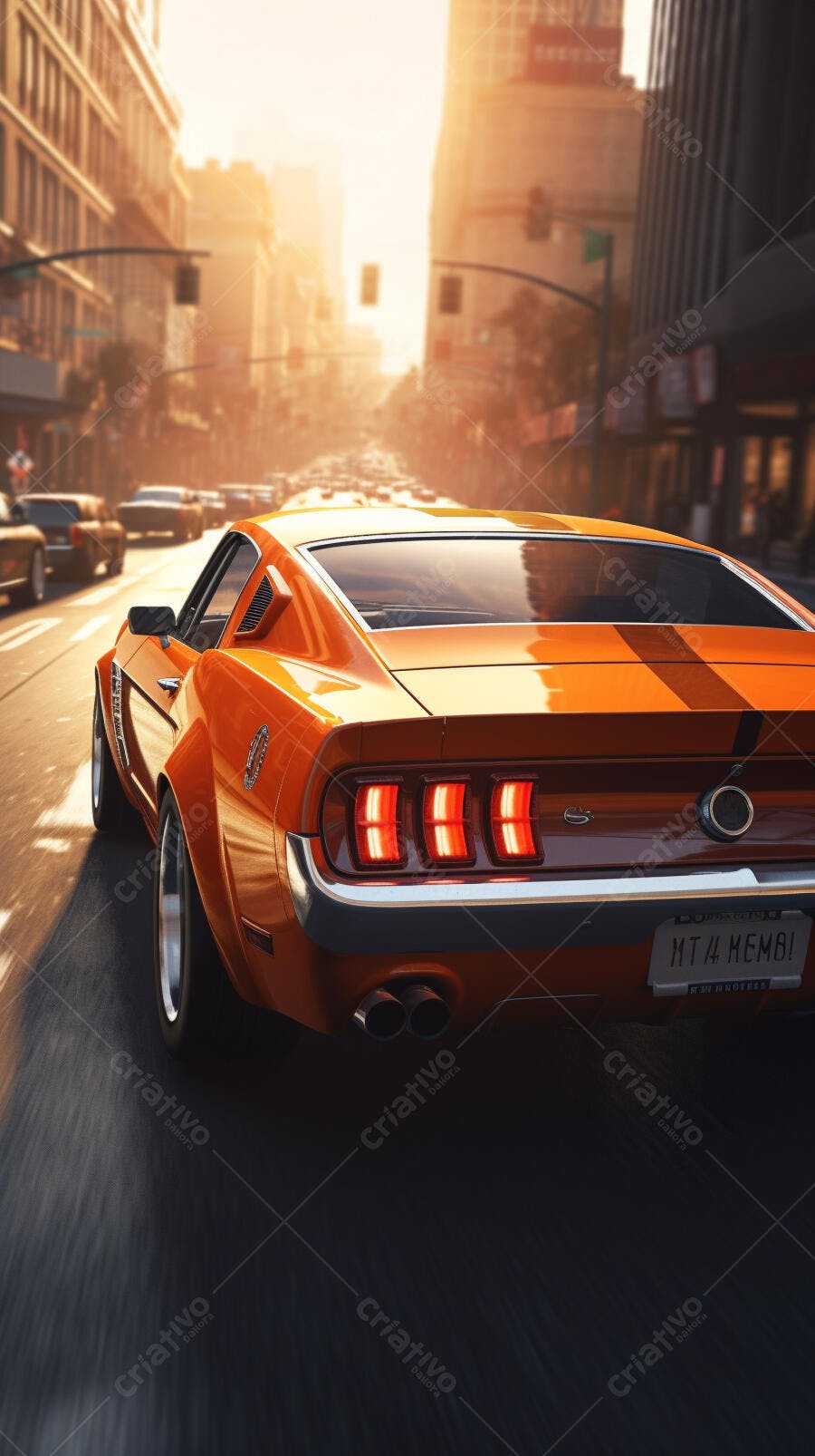Muscle Car Laranja em Rua da Cidade ao Pôr do Sol