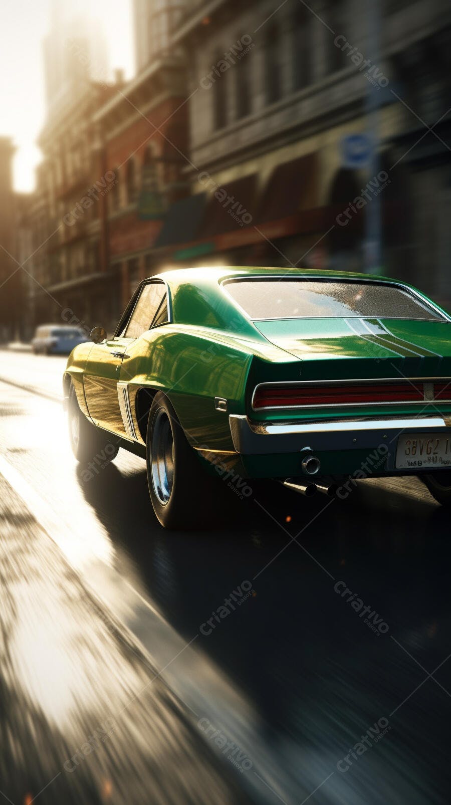 Muscle Car Verde em Movimento na Cidade