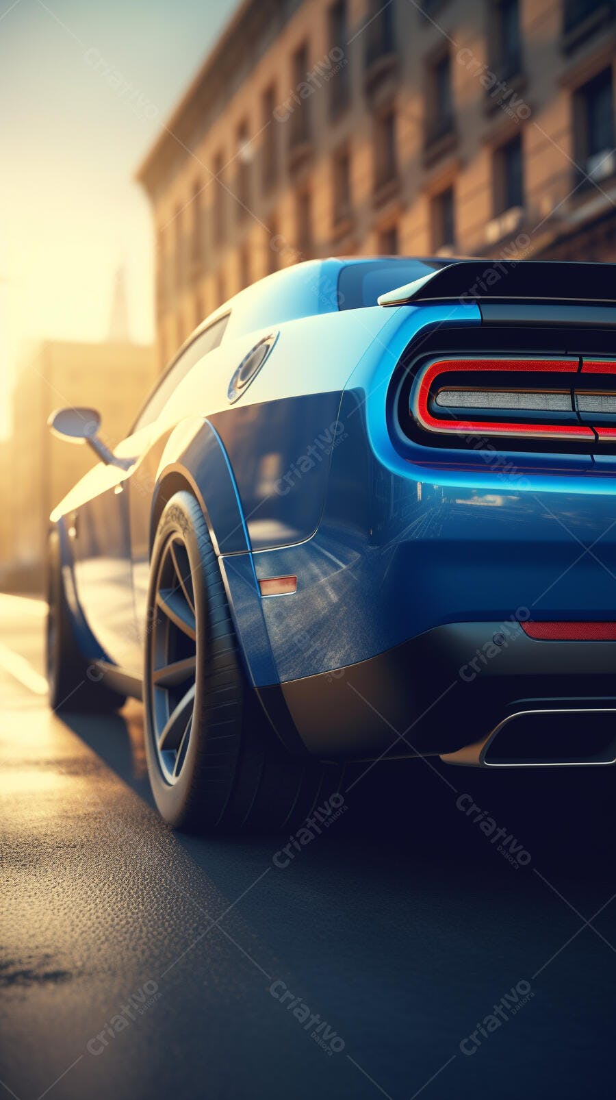 Muscle Car Azul em Rua Urbana ao Amanhecer