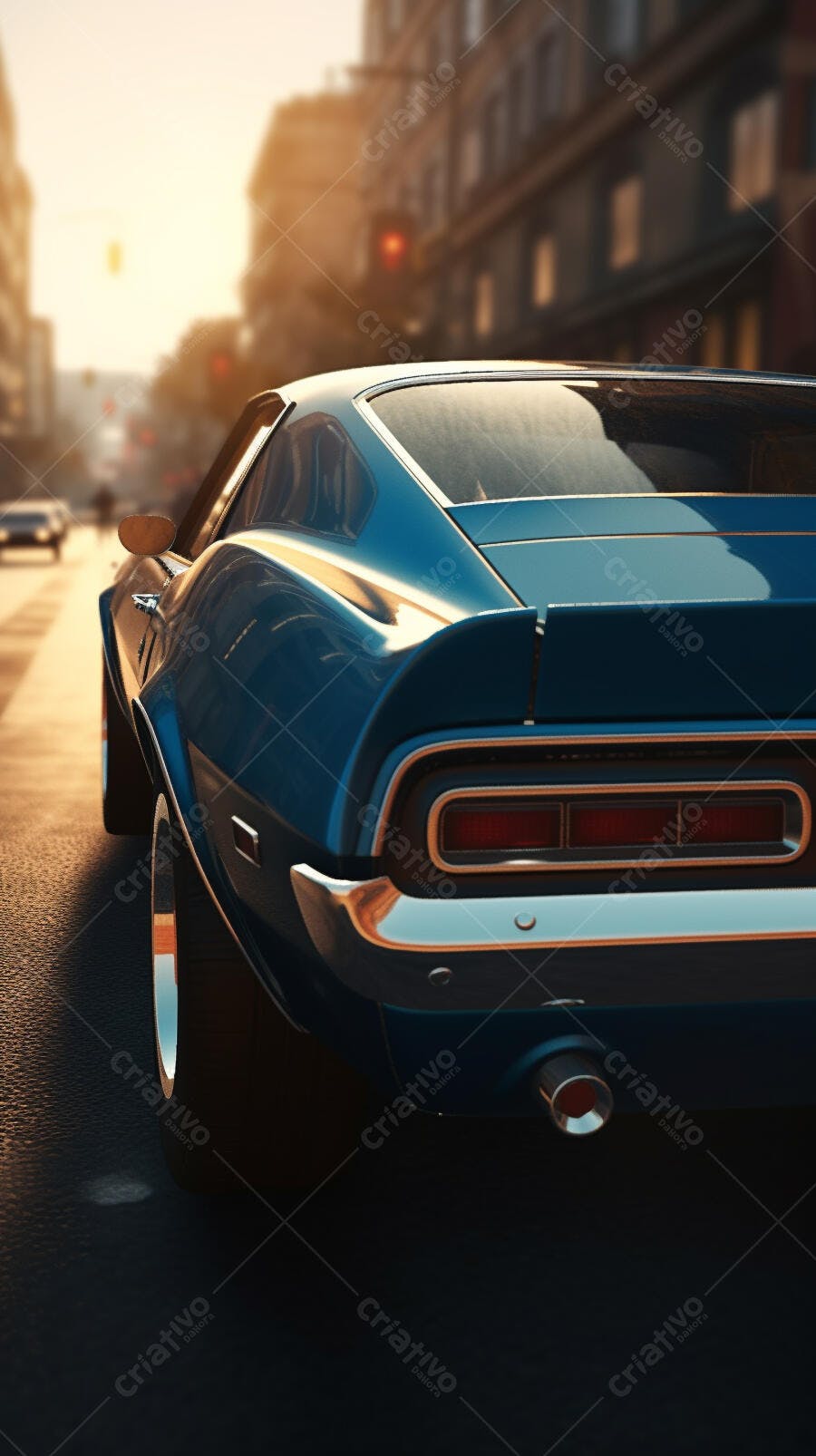 Muscle Car Azul na Cidade ao Pôr do Sol