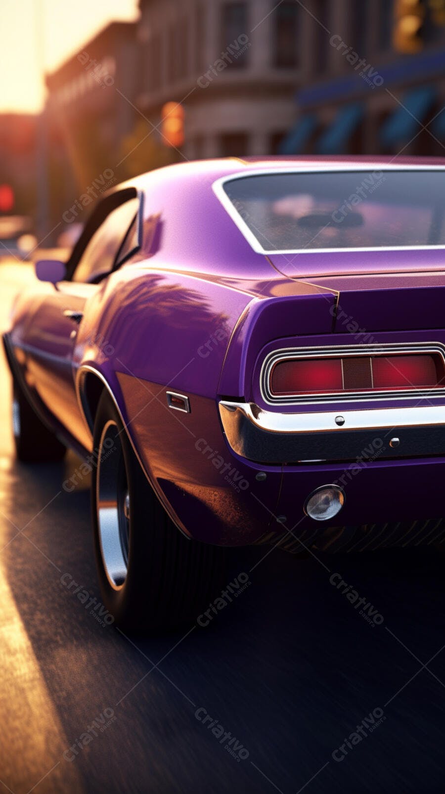 Muscle Car Roxo em Rua da Cidade ao Entardecer