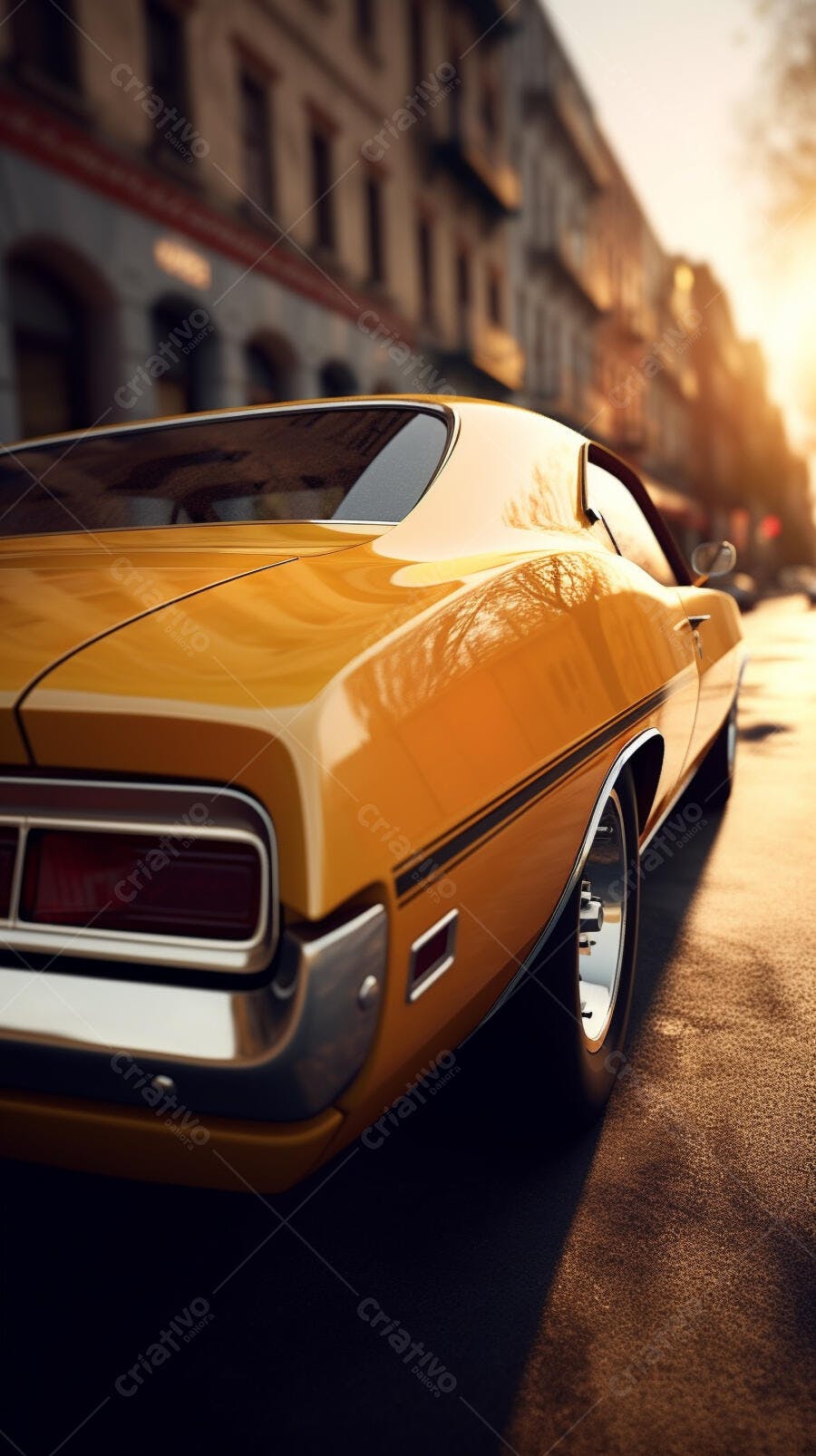 Muscle Car Amarelo em Rua Urbana ao Pôr do Sol
