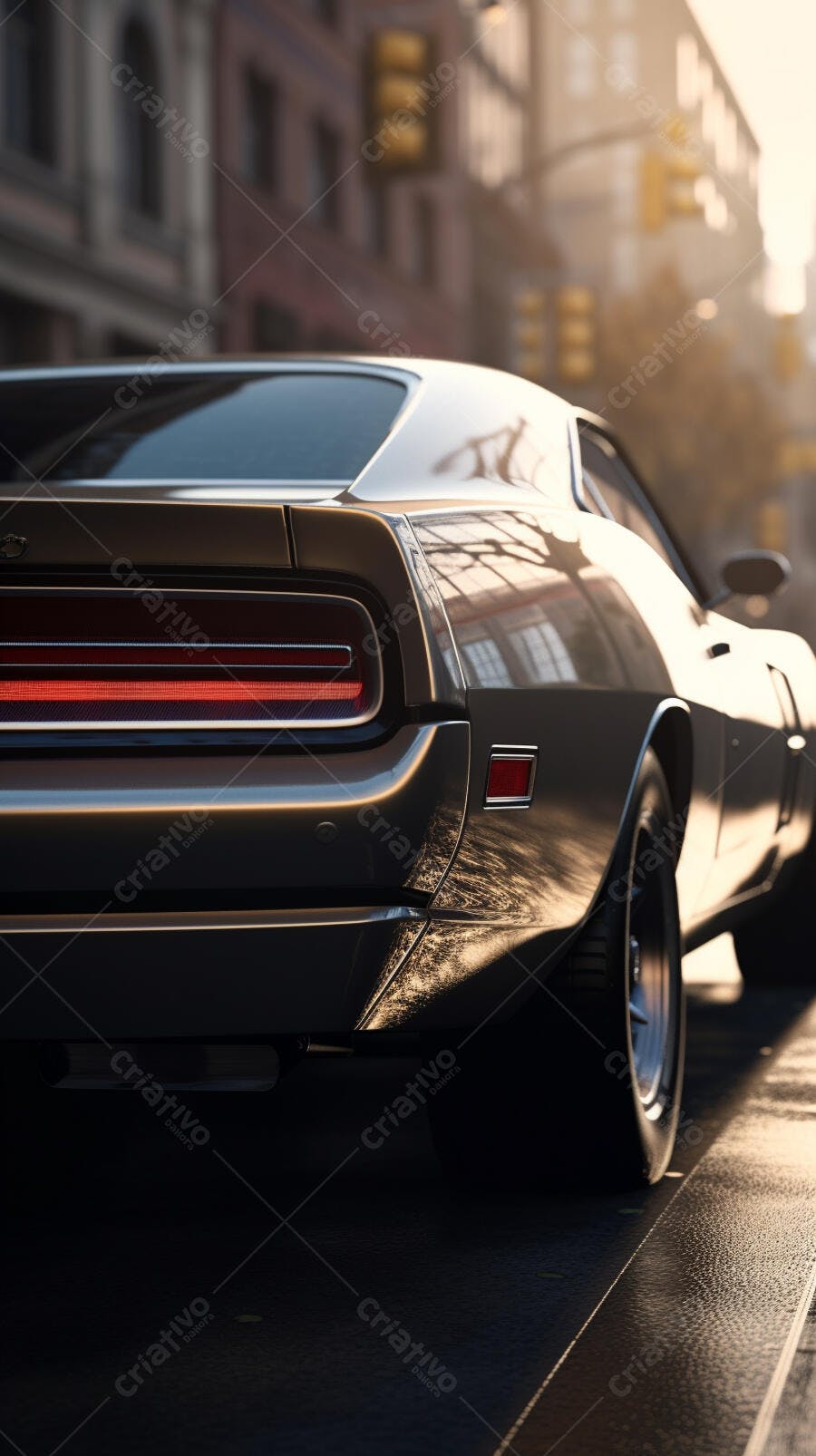 Muscle Car Cinza em Rua Urbana ao Entardecer