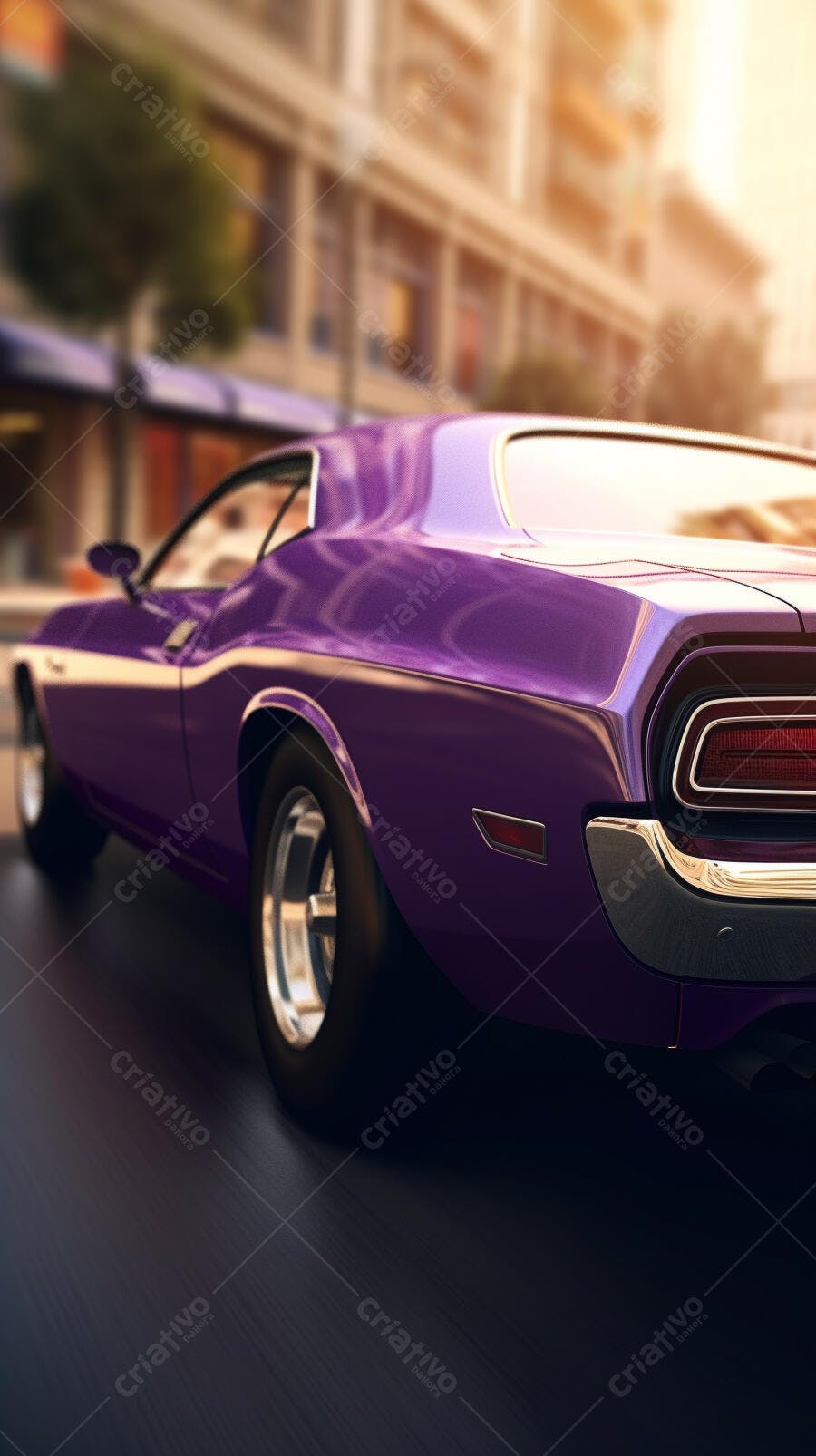 Muscle Car Roxo em Movimento na Cidade