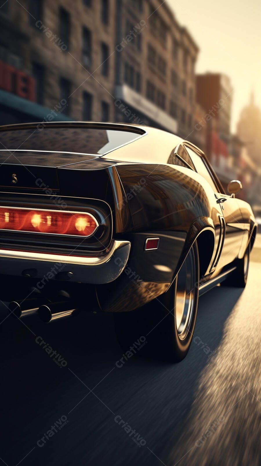 Muscle Car Preto em cidade ao entardecer