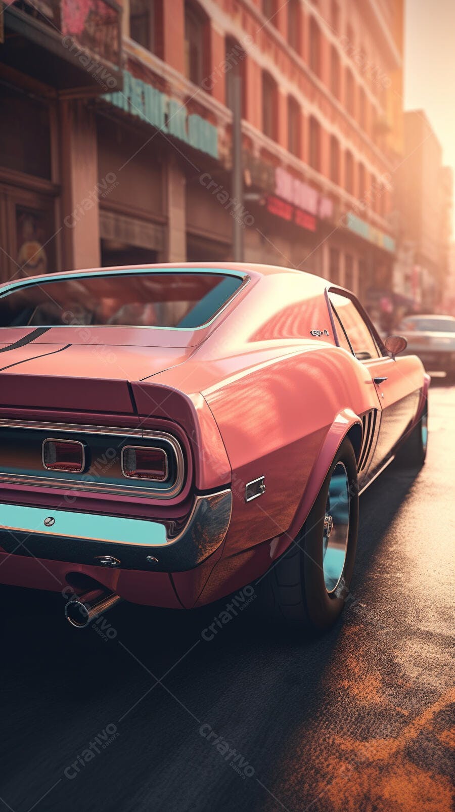 Muscle Car Rosa em Rua Urbana ao Pôr do Sol
