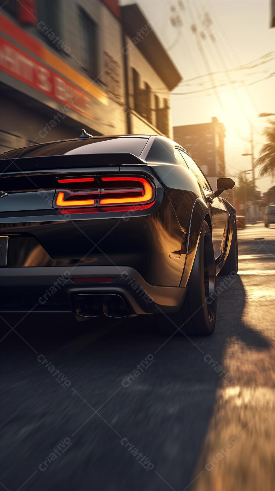 Muscle Car Preto em Movimento ao Pôr do Sol