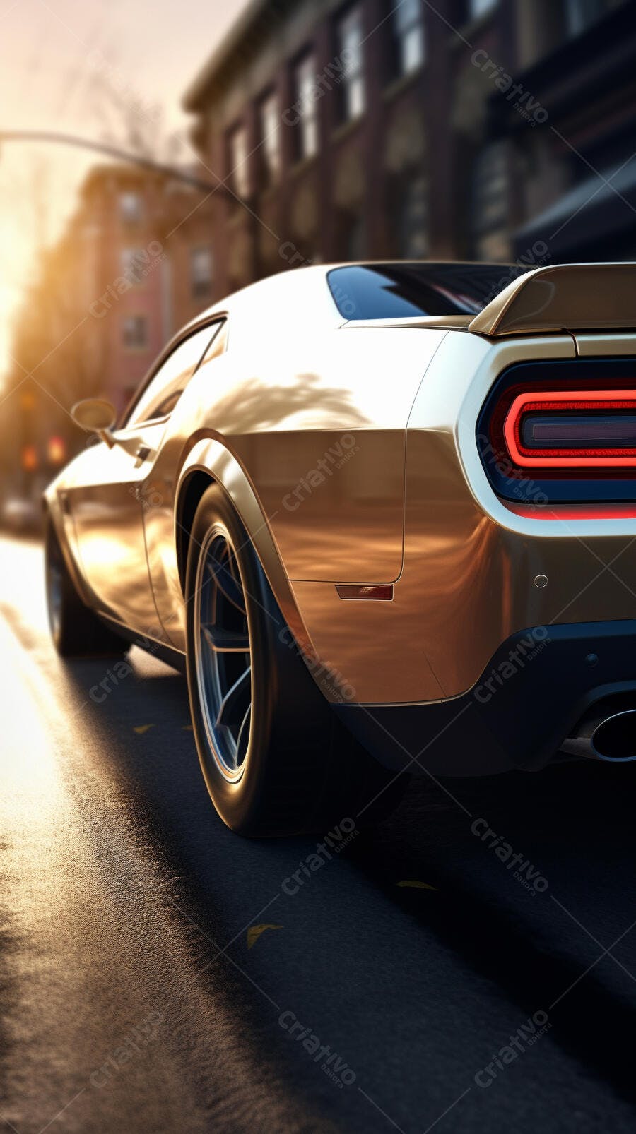 Muscle Car Dourado em Rua Urbana ao Pôr do Sol