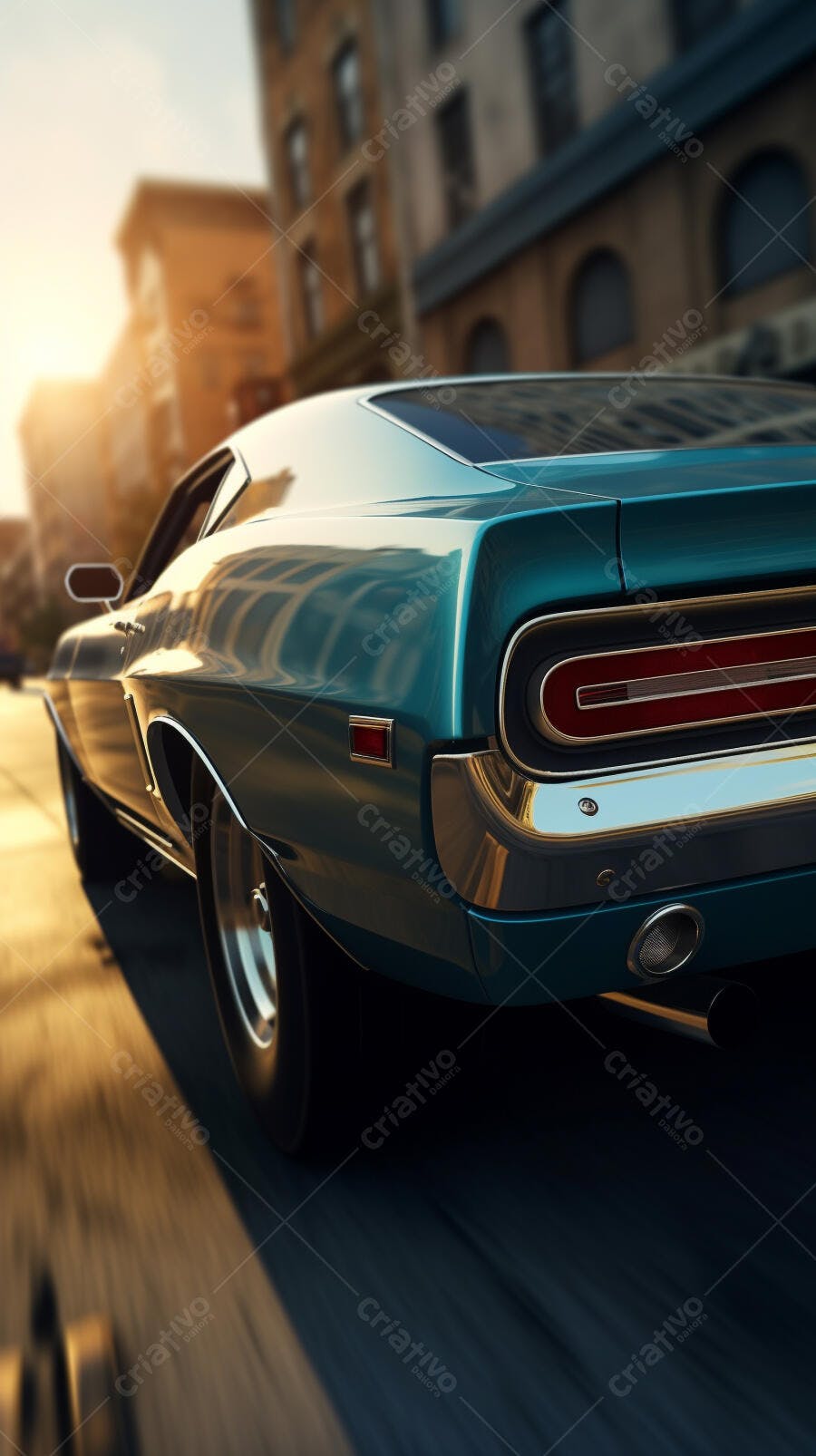 Muscle Car Azul em Movimento na Cidade
