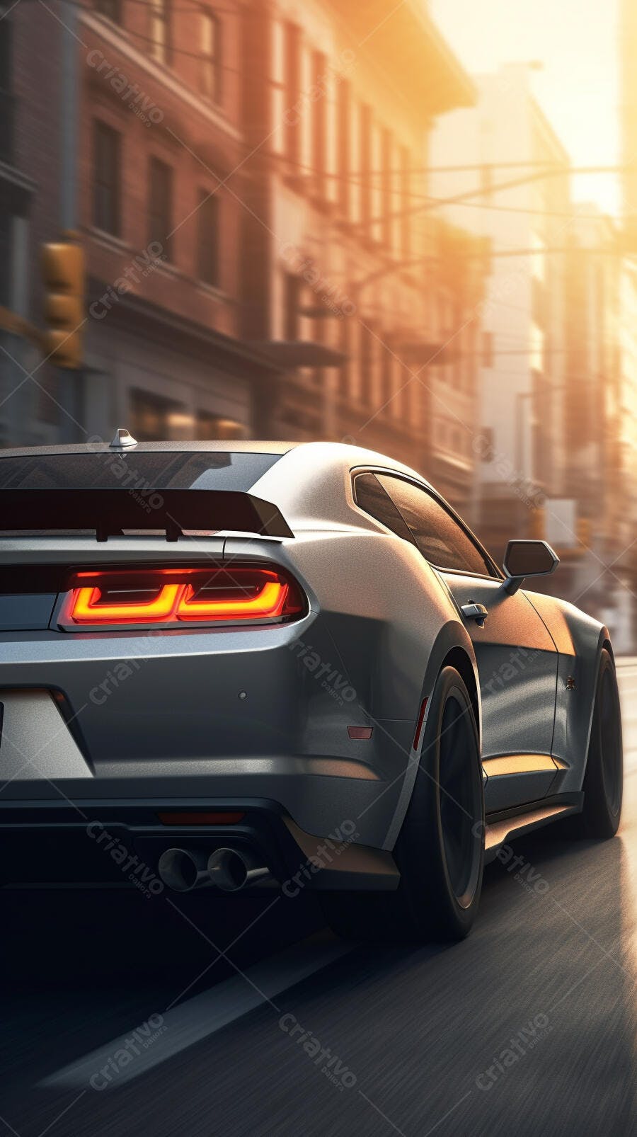 Muscle Car Cinza em Movimento na Cidade