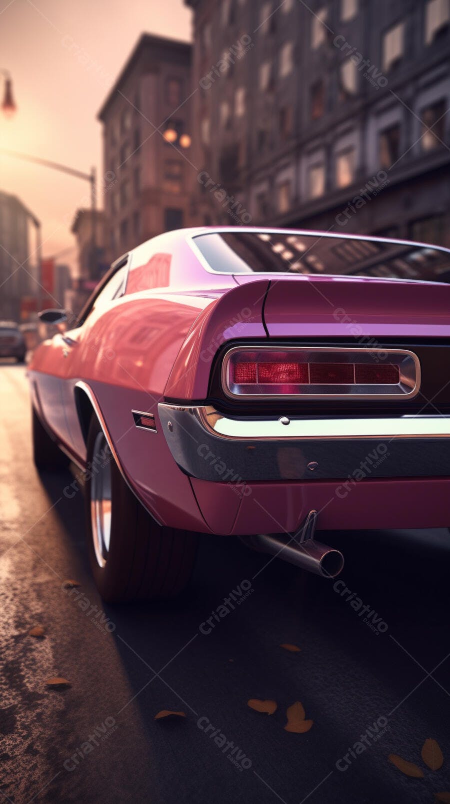 Muscle Car Rosa em Rua Urbana ao Entardecer