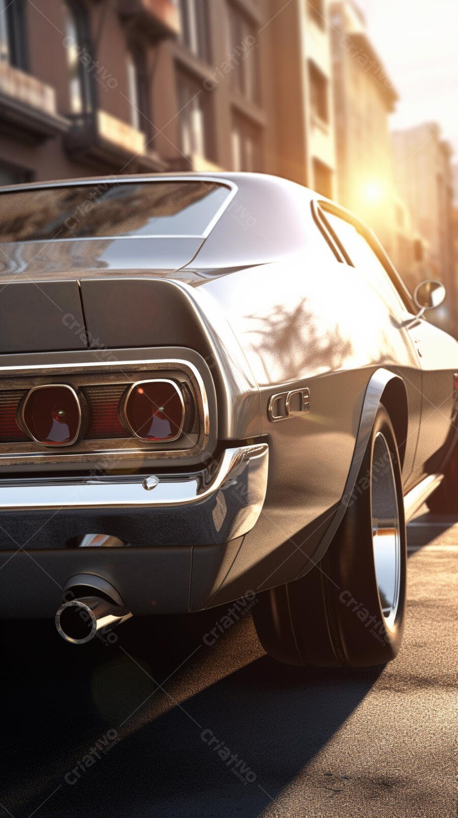 Muscle Car Cinza na Cidade ao Entardecer