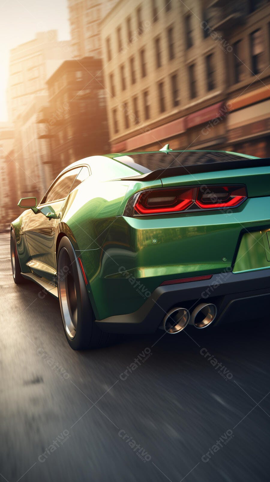 Muscle Car Verde em Alta Velocidade na Cidade