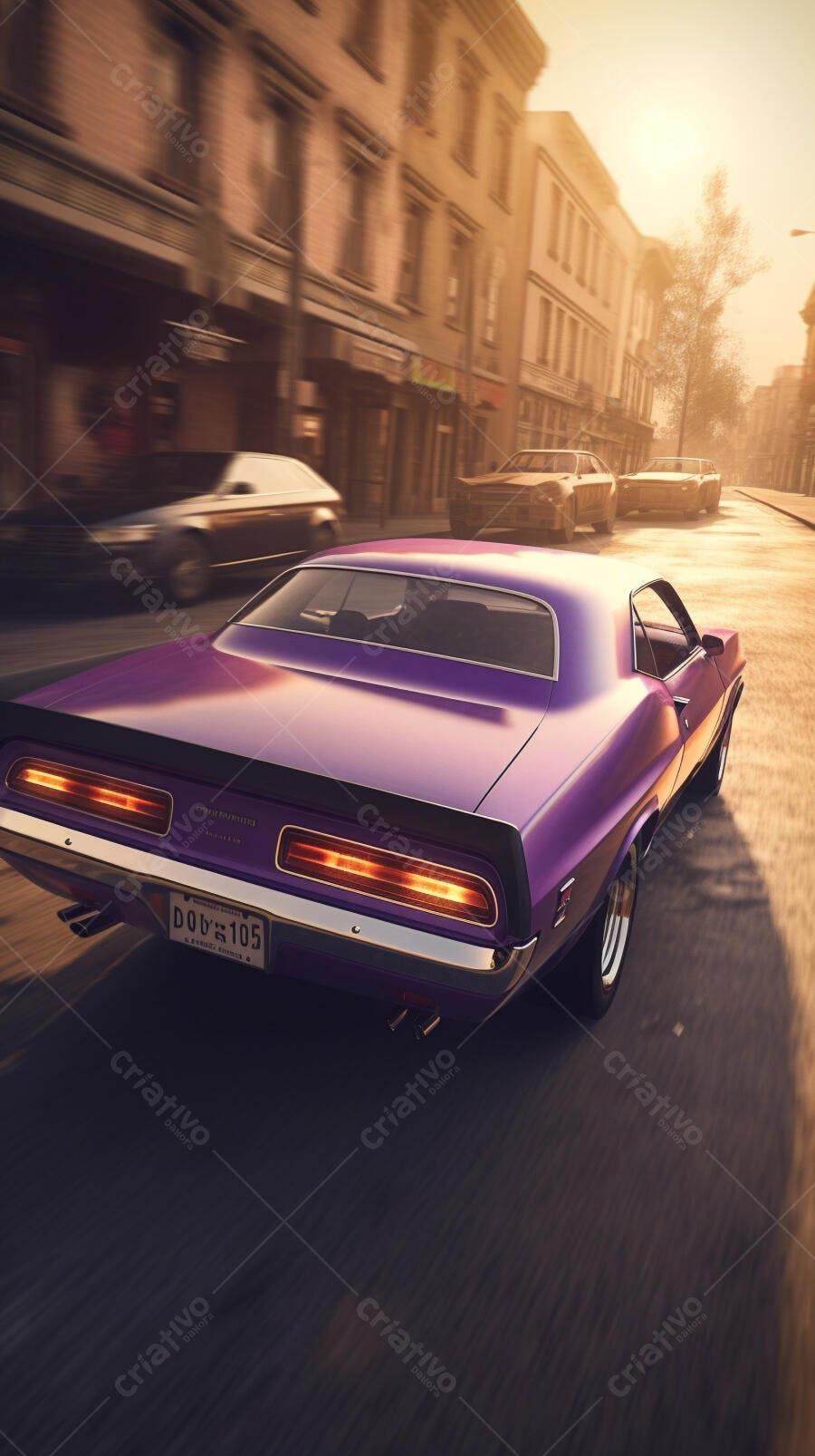 Muscle Car Roxo em Rua Urbana ao Pôr do Sol