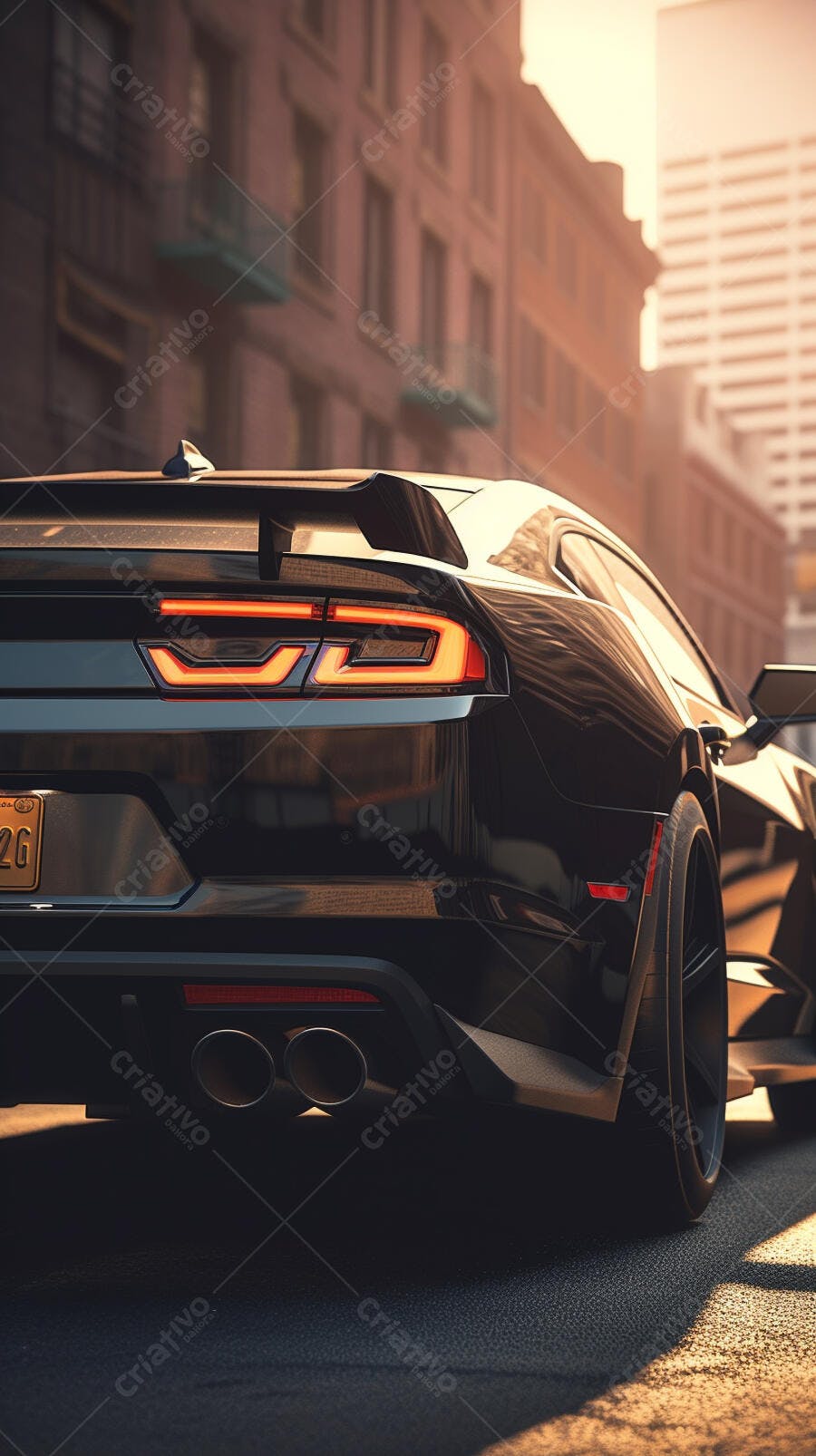 Carro esportivo preto em rua urbana ao entardecer