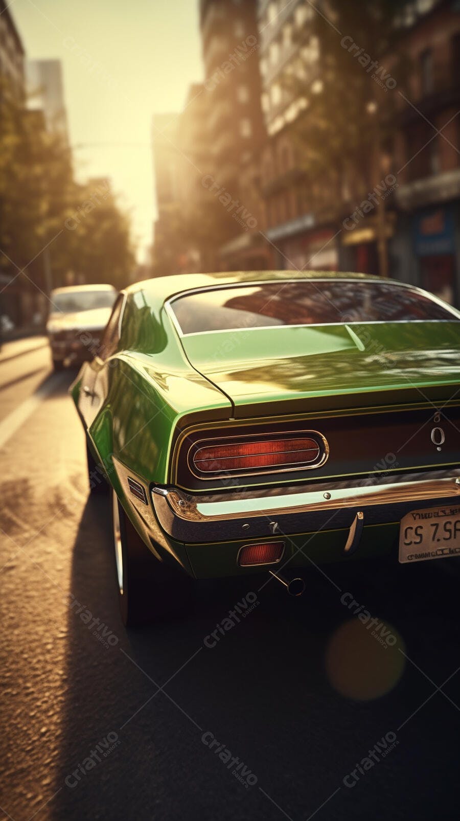 Muscle Car Verde em Rua Urbana ao Pôr do Sol