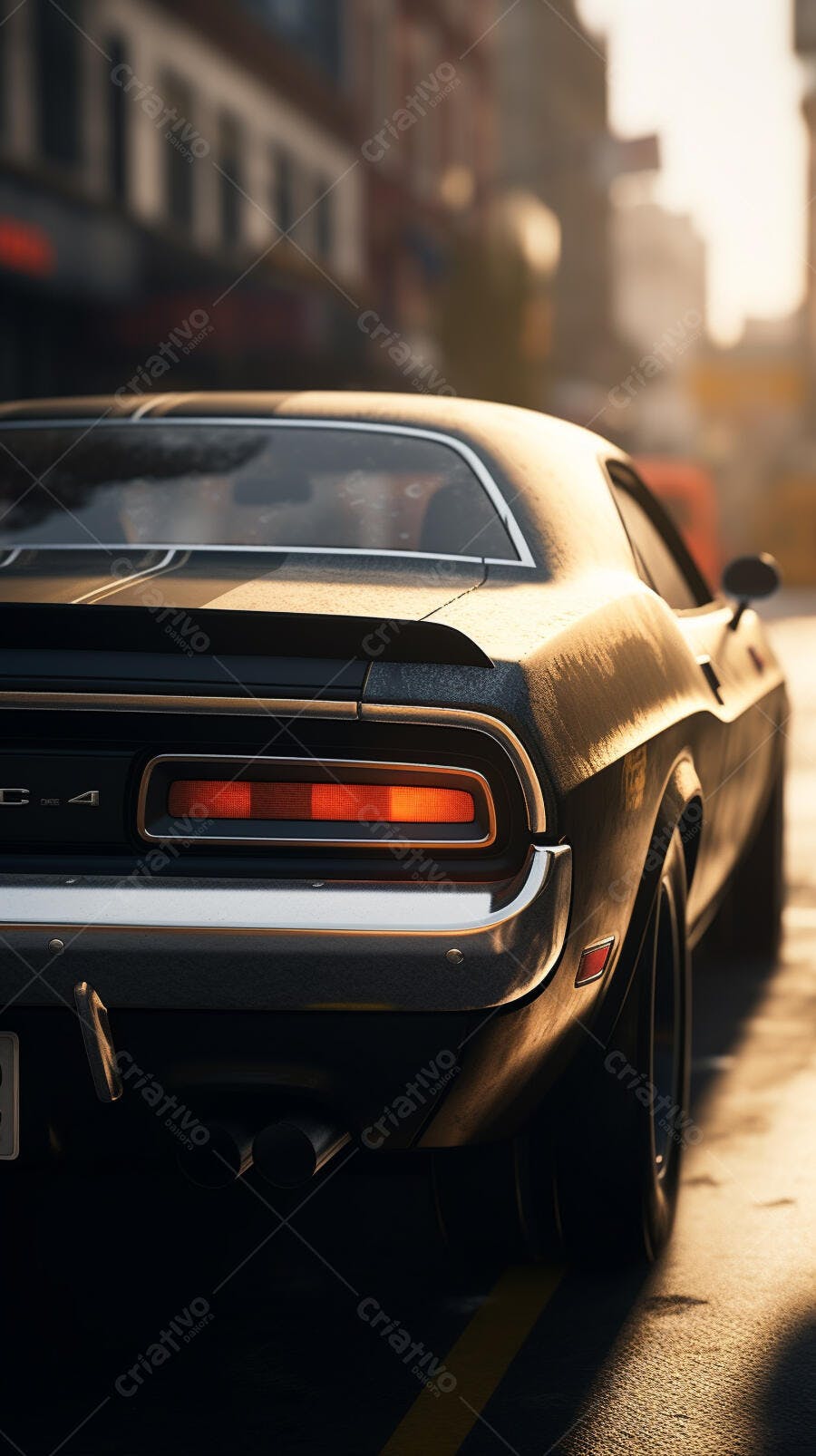 Muscle Car Preto em Rua Urbana ao Entardecer