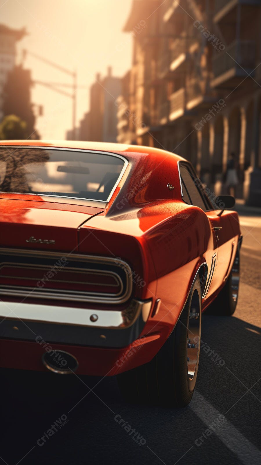 Muscle Car Vermelho em Rua Urbana ao Pôr do Sol