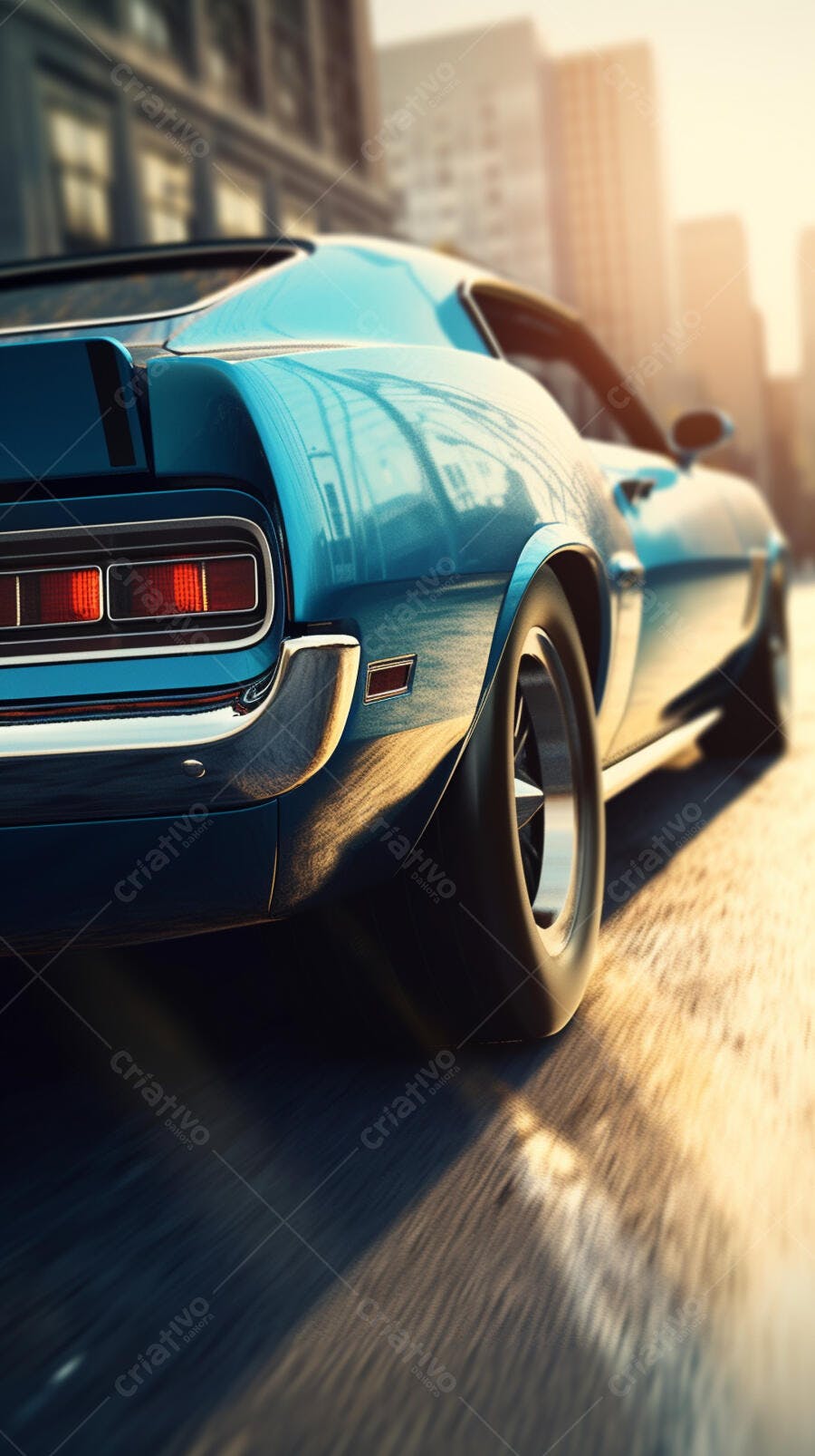 Muscle Car Azul na Cidade ao Pôr do Sol