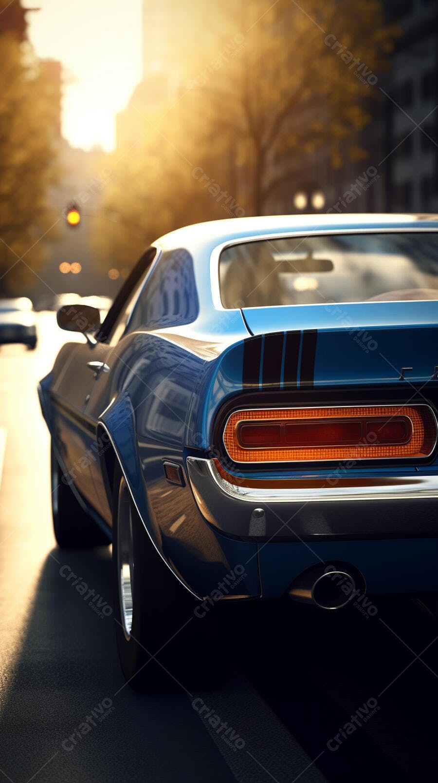 Muscle Car Azul Clássico em Rua Ensolarada