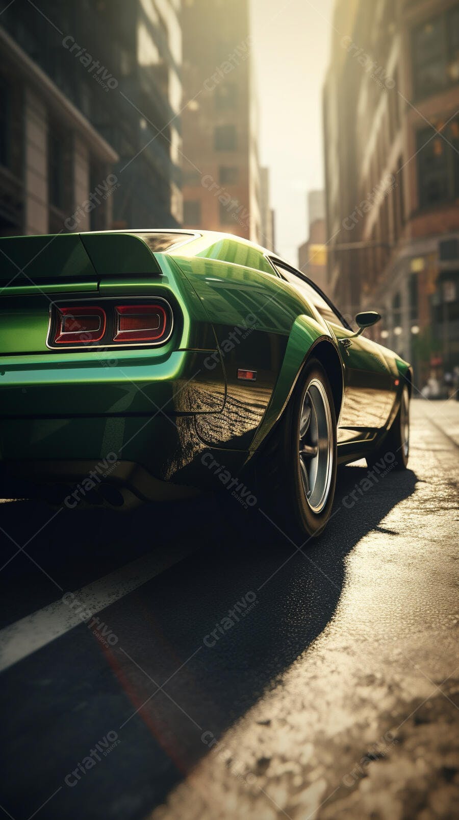 Muscle Car Verde em Cidade Ensolarada